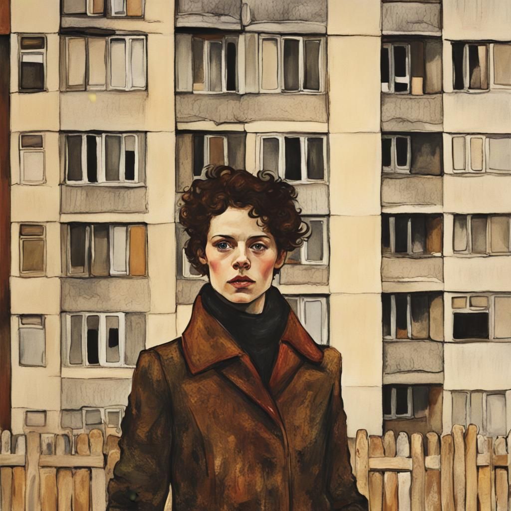 Eerie Woman in 1970s Polish Estate, in Style of Schiele