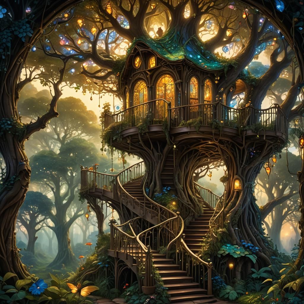 Enchanted Stairway to Fae Treehouse Illustration