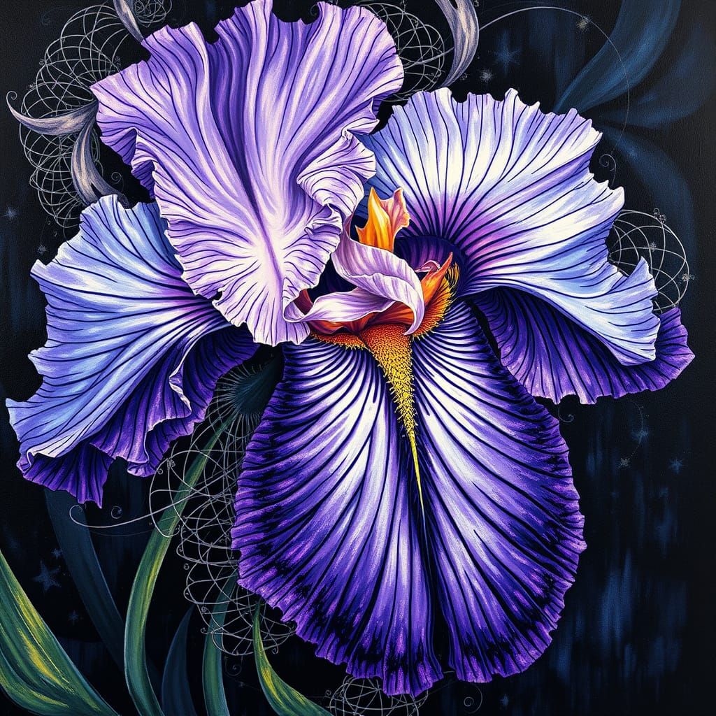 Fractal Iris Botanical Art in Fantasy Graffiti Style