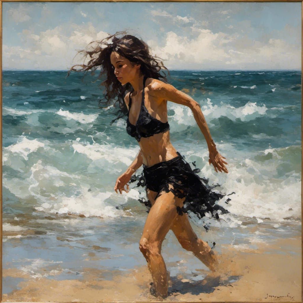 Brunette Girl in Black Bikini at the Beach