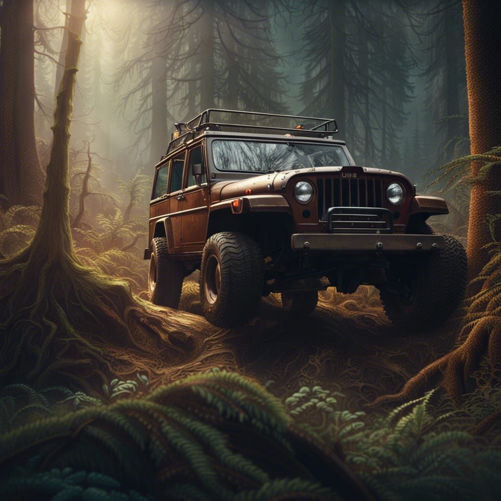 Vintage Photo of Jeep and Sasquatch in Woods