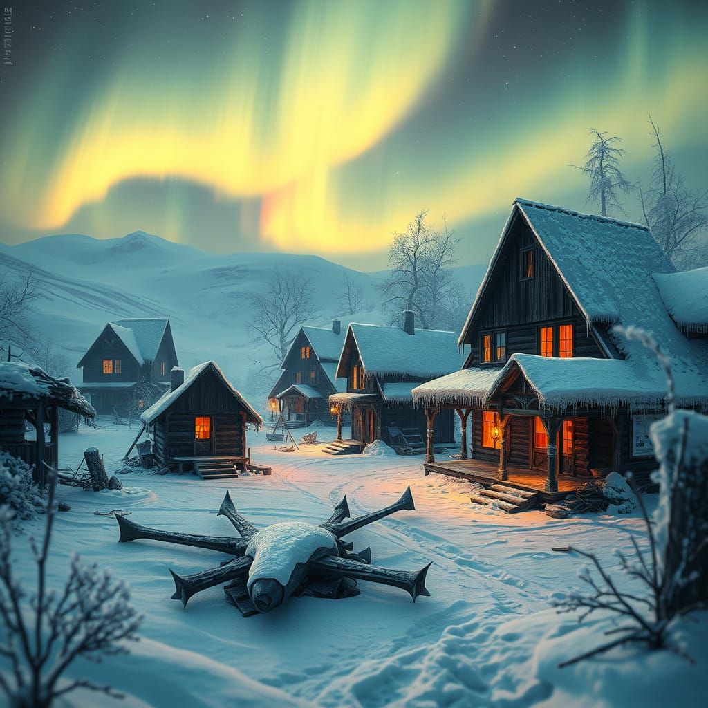 Ethereal Snow Village Under Aurora Borealis in Matte Paintin...