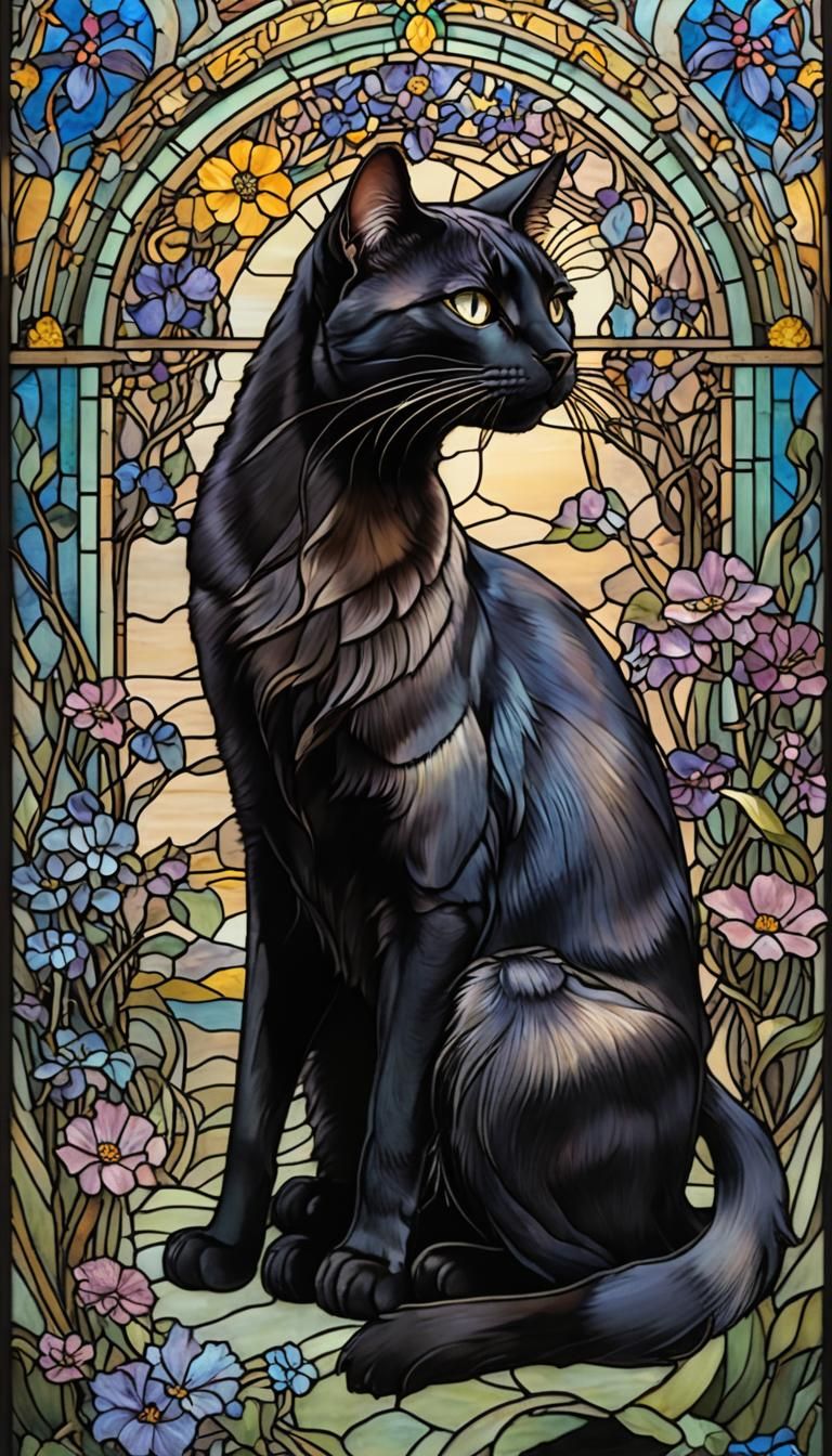 Art Nouveau Black Cat Stained Glass Window