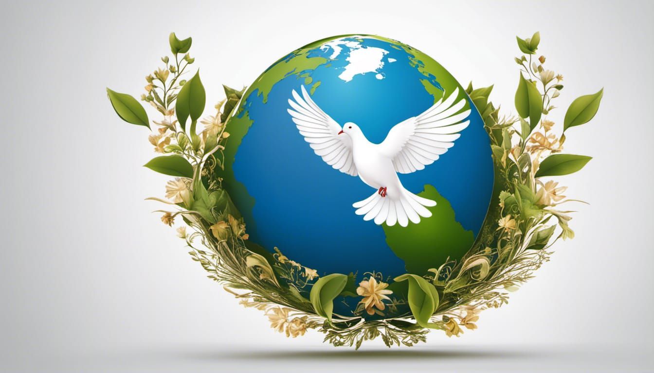Dove Carrying World Globe Over Floral Waterfall