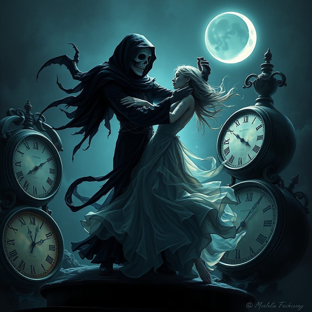 Surreal Dance of Death Under Crescent Moon