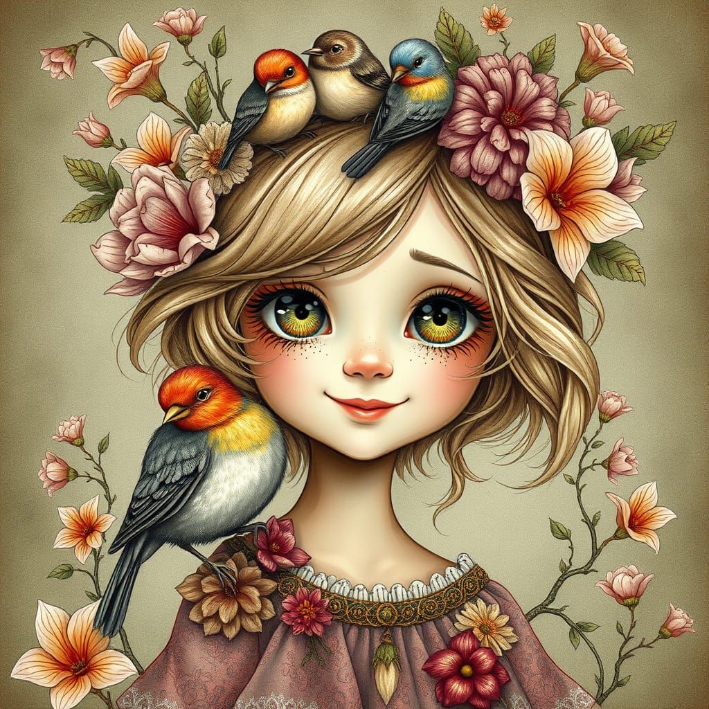 Gothic Whimsy: Girl Surrounded by Birds and Flowers