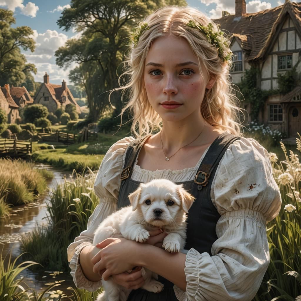 Girl with Puppy in Landscape Painting