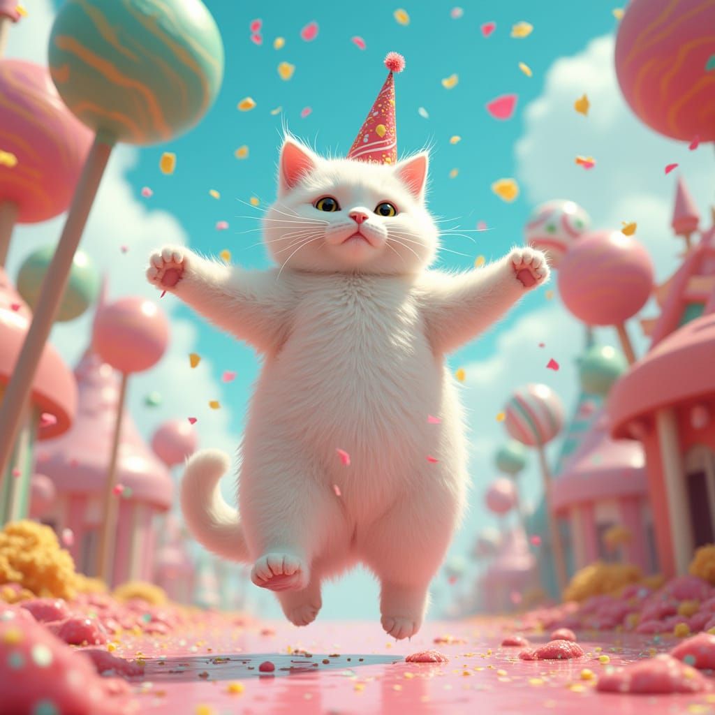 Confetti Cat Dances in Candy Wonderland: Digital Illustratio...