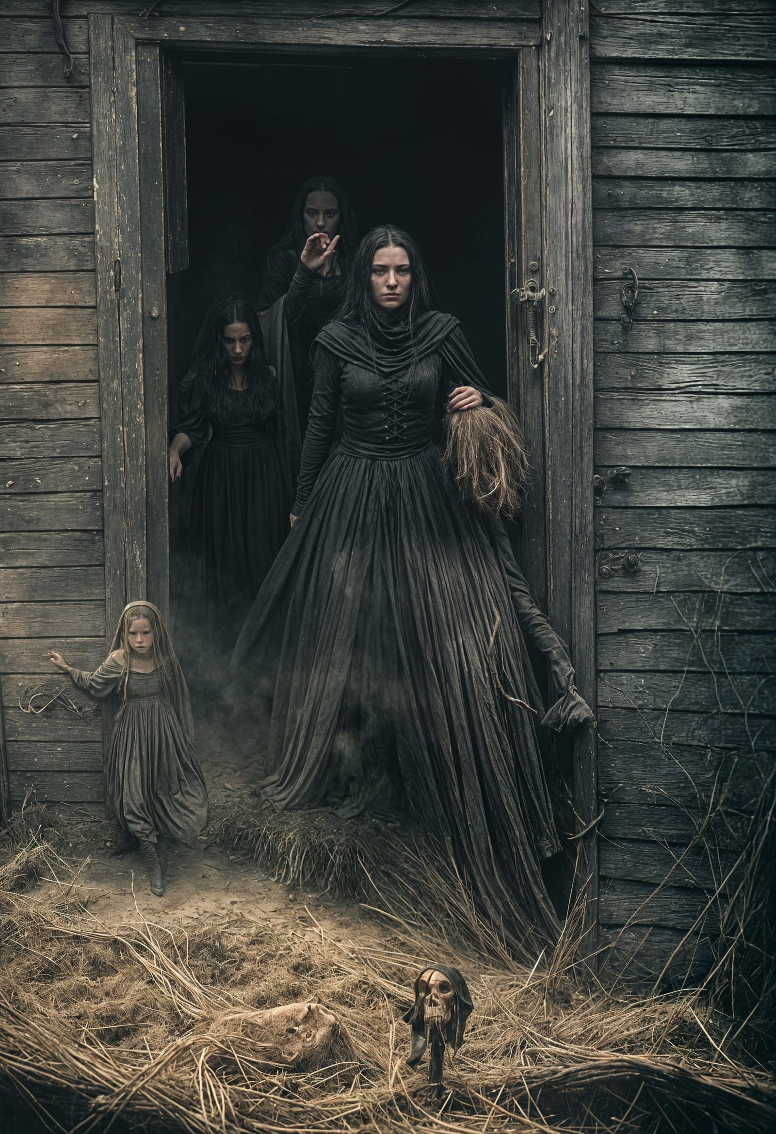 Dramatic Witch and Severed Head in Noir Style