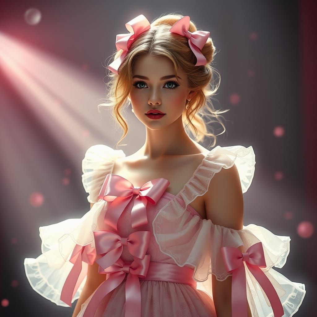 Beautiful Lady in Bow Dress with Hyperdetailed Ribbons