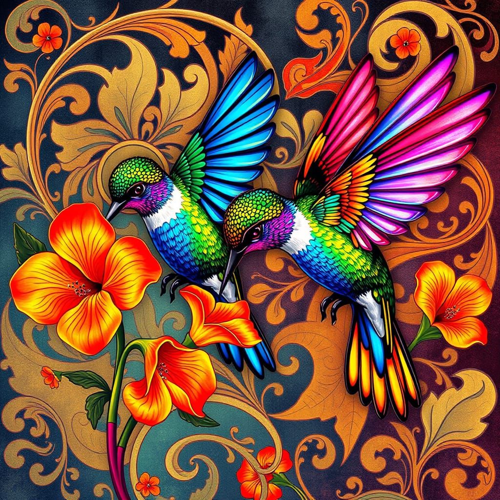 Vibrant Art Nouveau Hummingbirds in Neon Colors