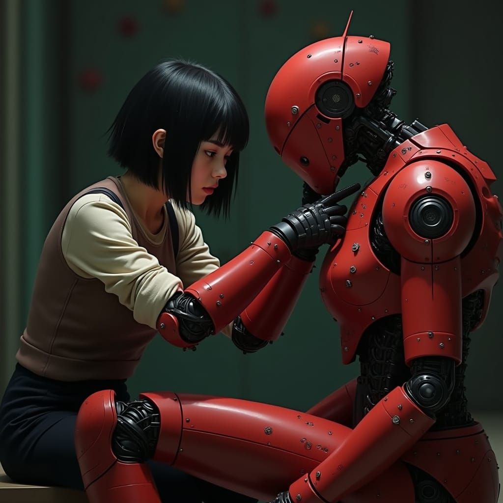 Sci-Fi Girl Repairs Red Robot in Anime Style
