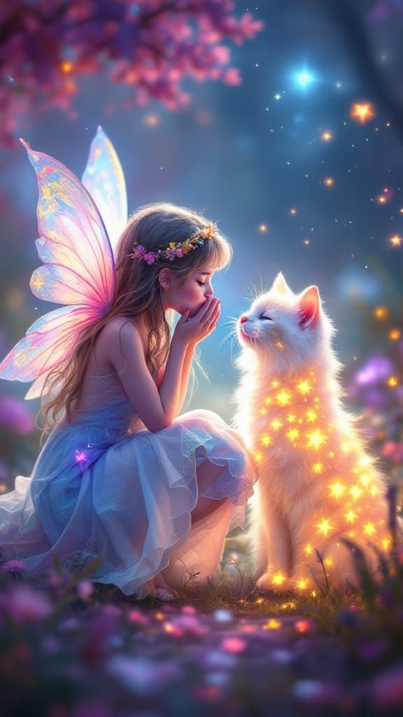 Surreal Fantasy Fairy Kissing Glowing Cat in Hyperrealistic ...