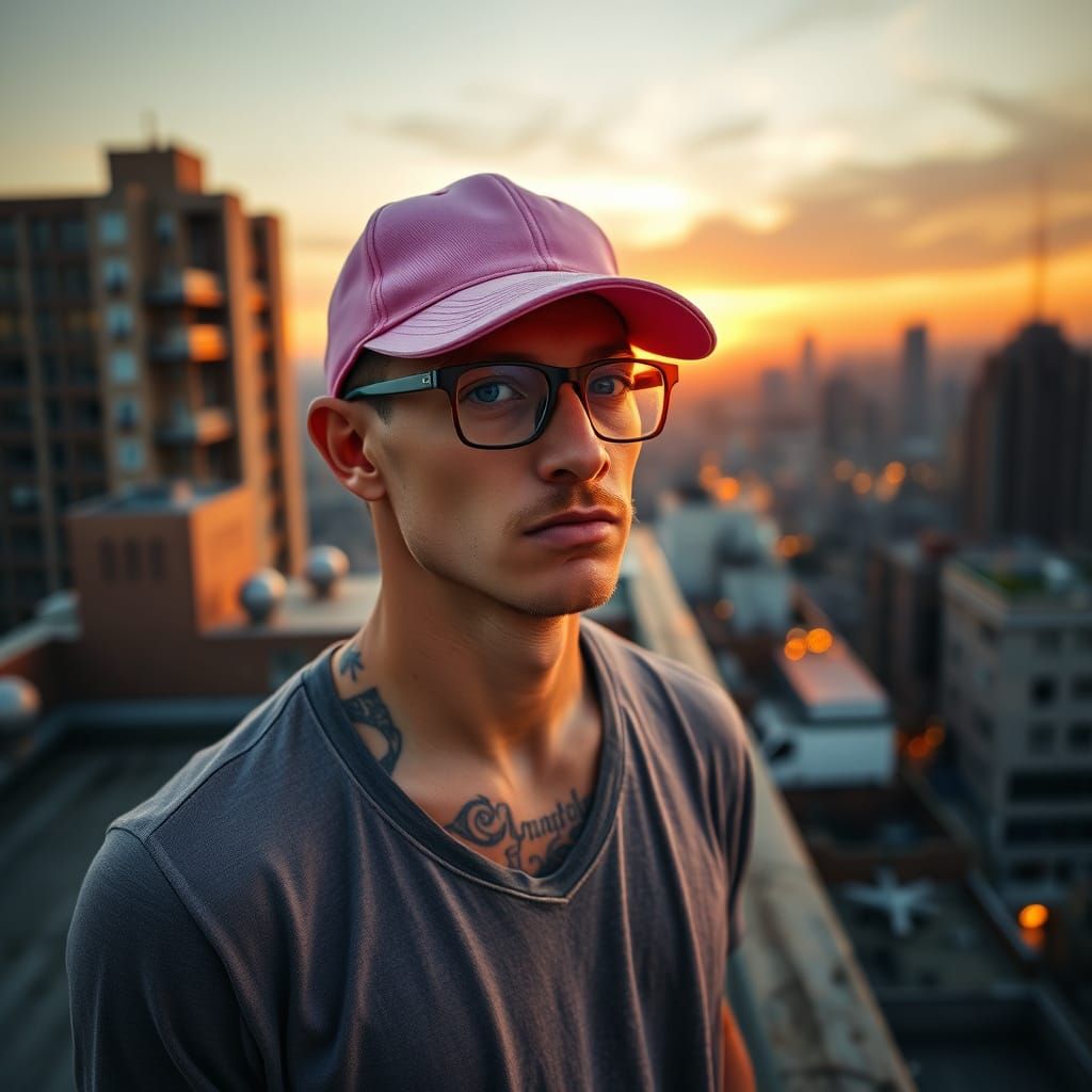 Man on Rooftop at Sunrise in Photorealistic Style