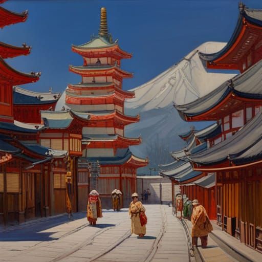 Japanese Courtyard in Oil Painting Style