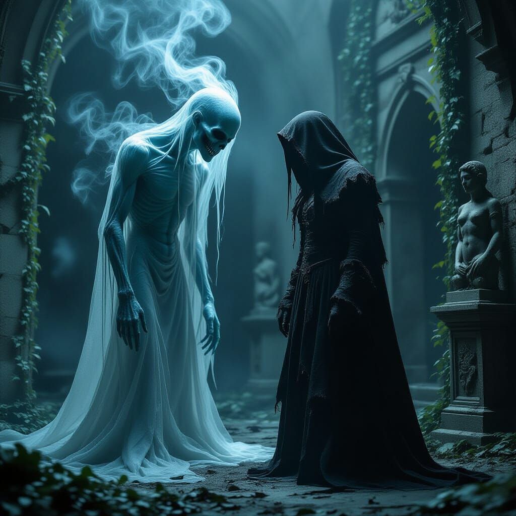 Eerie Gothic Horror Scene: Ghostly Entity Emerges