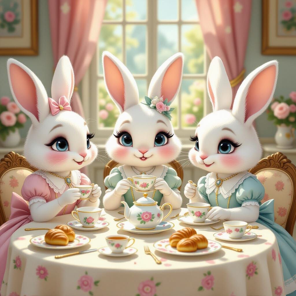 Anthropomorphic Rabbits Enjoying a Vintage Tea Party