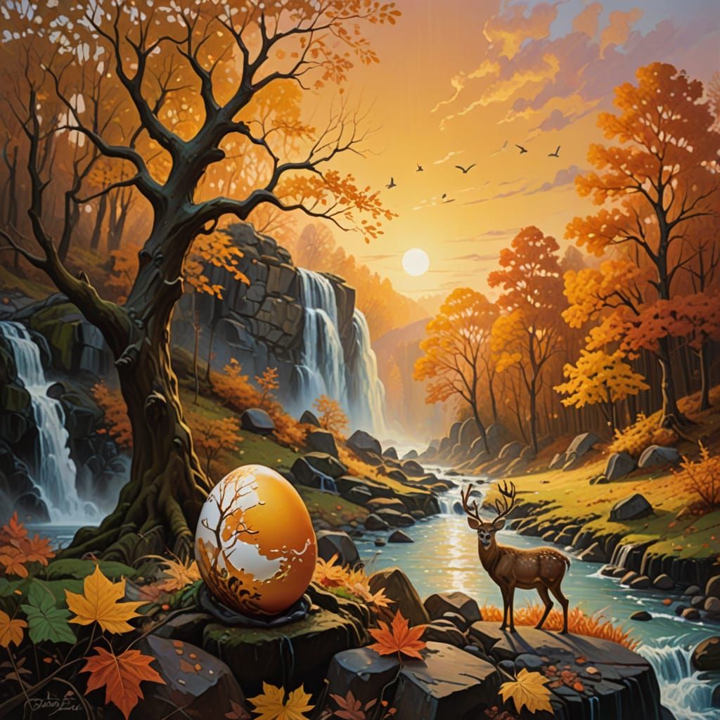 Egg Transforms into Autumn Forest with Waterfall and Deer
