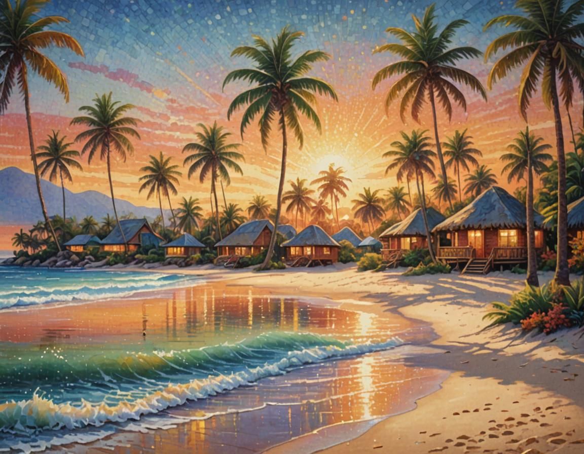 Tropical Beach Pointillism Painting at Sunset