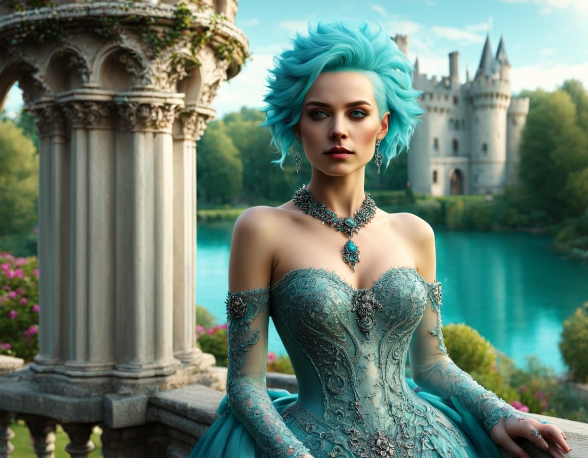 Gothic Bride with Turquoise Hair on Castle Balcony