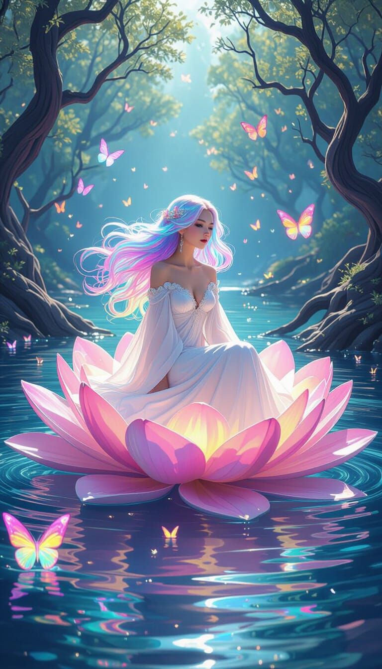 Ethereal Woman with Galaxy Hair on Luminous Flower