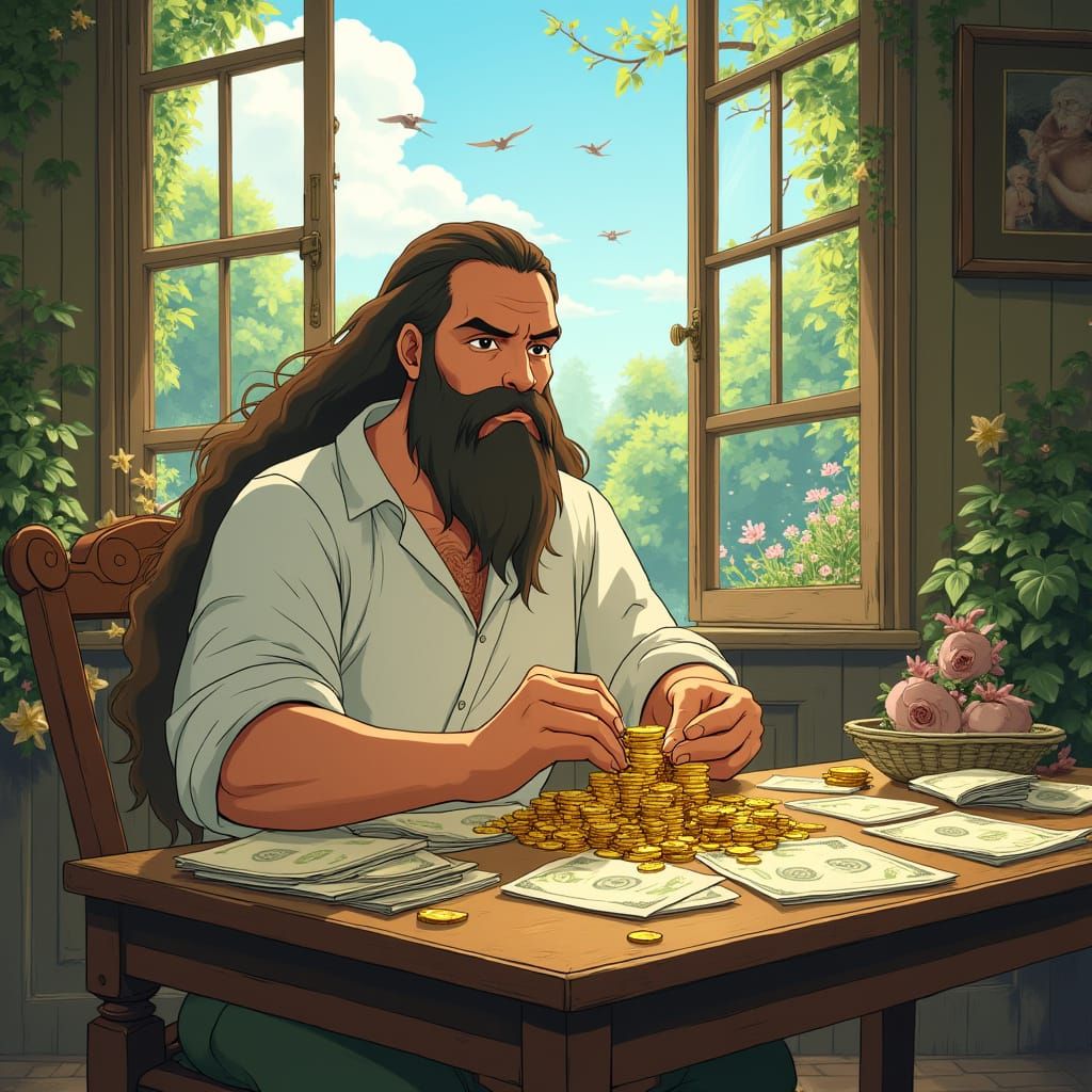 Wealthy Gentleman Surrounded by Prosperity in a Serene Setti...