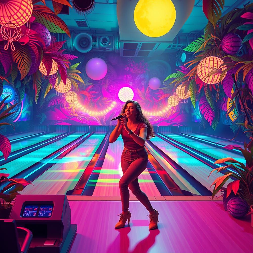 Dreamlike Bowling Alley Stage Performance in Fantasy Art Sty...