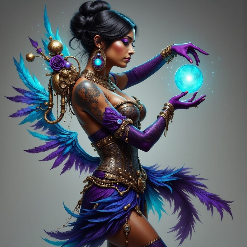 South Asian Fantasy Warrior with Mechanical Wings in Cyberpu...