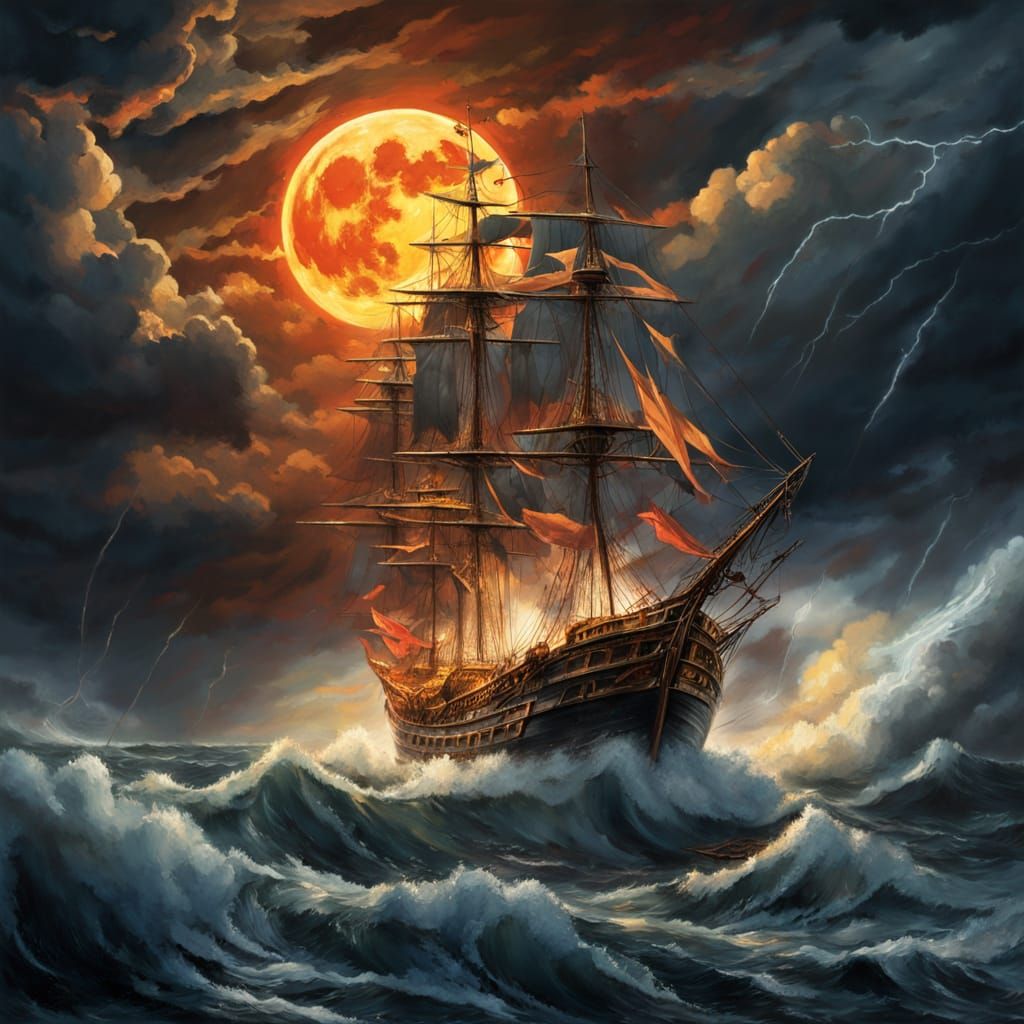 Epic Oil Painting of a Ship Battling Stormy Seas Under Fiery...