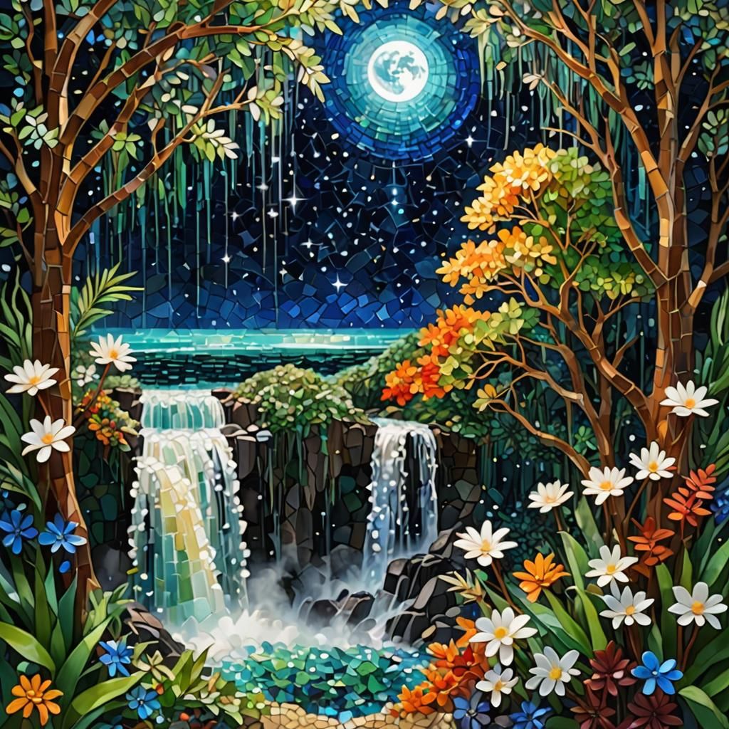 Mosaic Waterfall with Mother-of-Pearl Moon