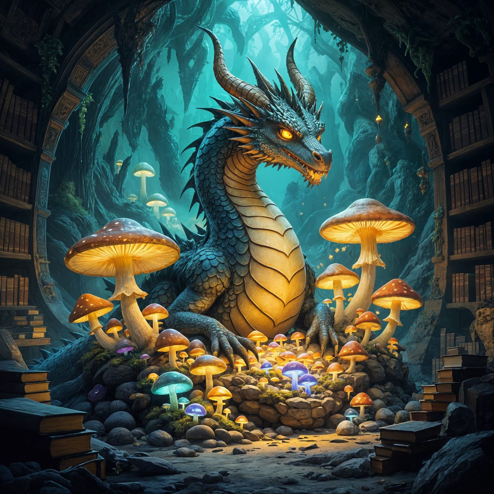 Dragon's Mushroom Hoard in Dark Fantasy Library