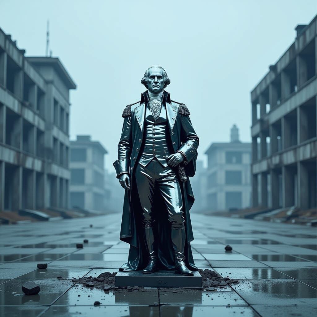 George Washington Chrome Statue in Dystopian Plaza