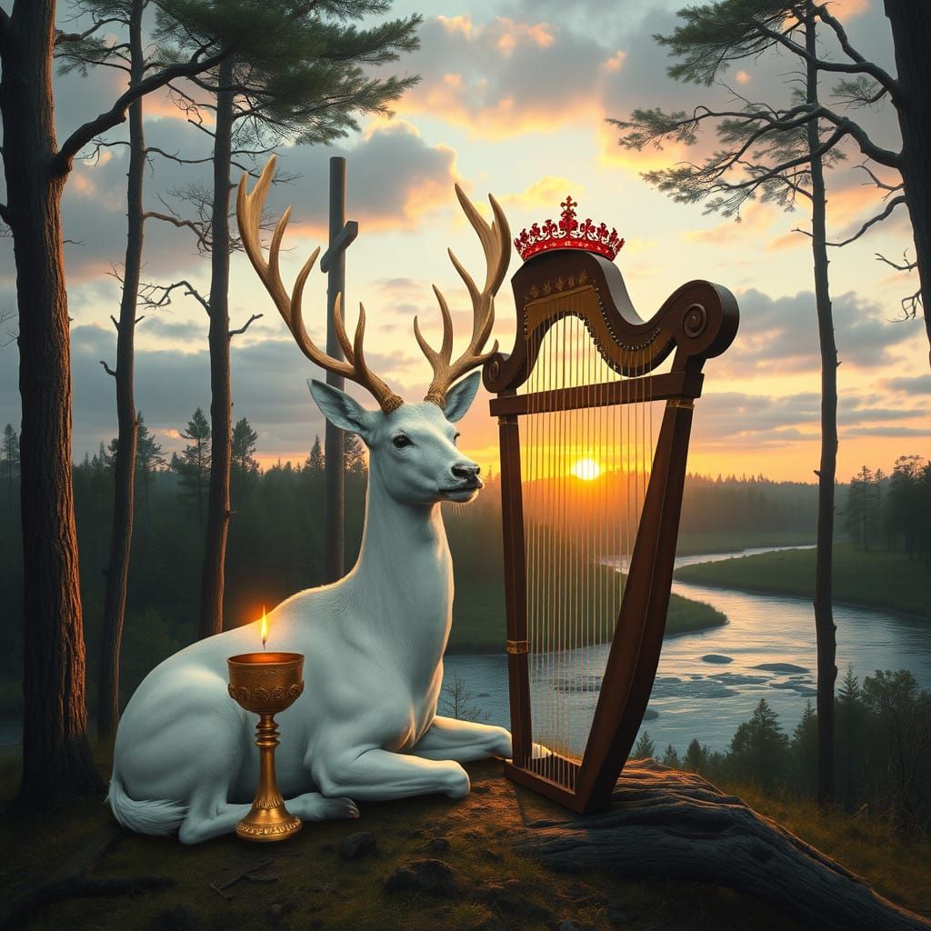 Majestic White Stag with Harp in Sunrise Forest