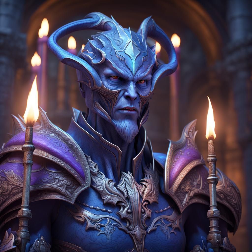 Blue Alien Paladin in a Fantastical Temple