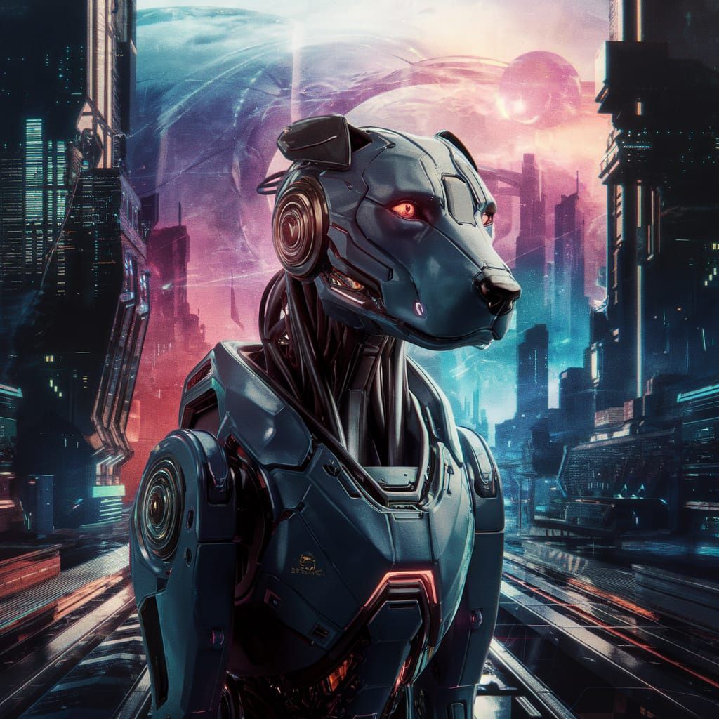 Robotic Dog Detective Movie Poster: Futuristic Cityscape
