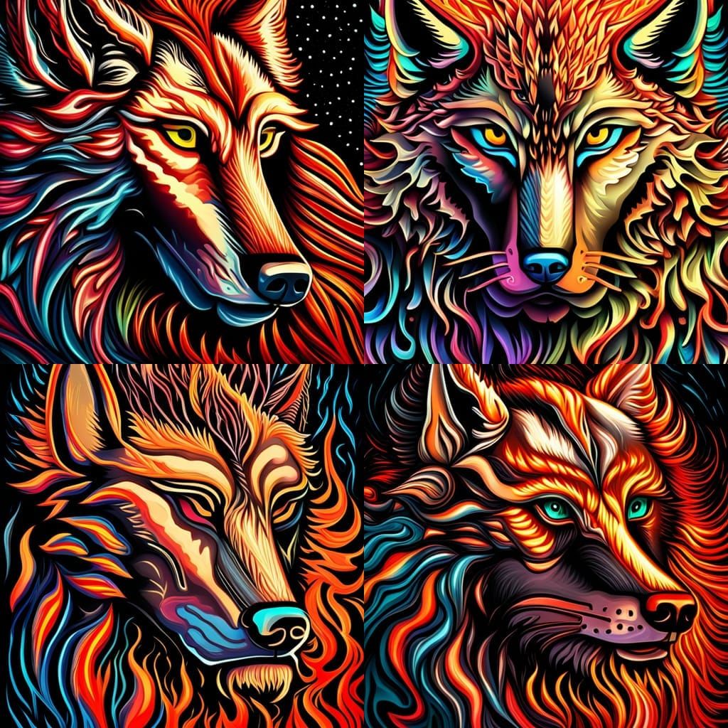 Fiery Wolf in Retro-Futuristic Sci-Fi Horror Style