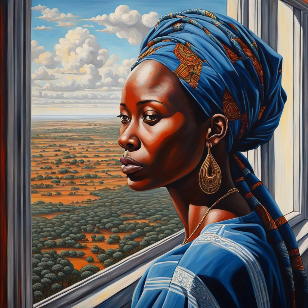 Kenyan Woman Gazing from Window, Romantic Style