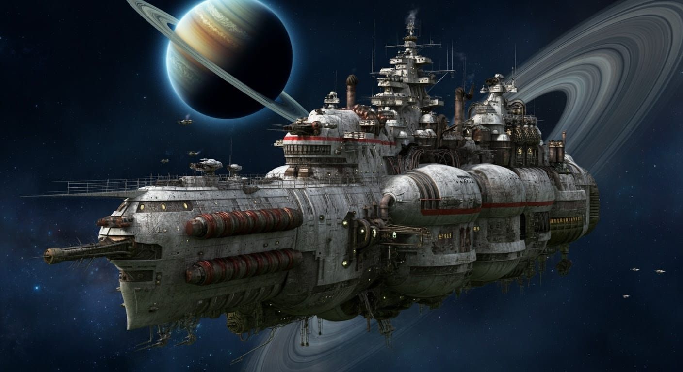 Steampunk Spaceship over Ringed Planet