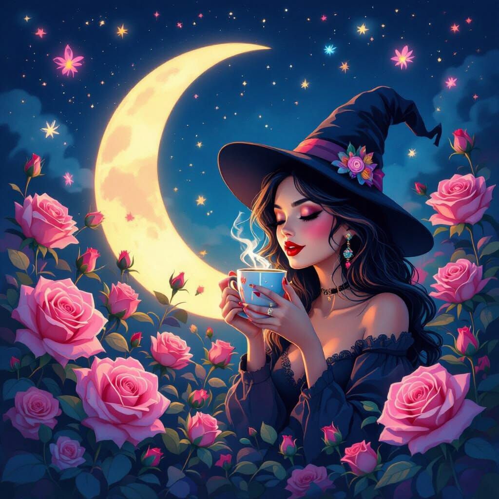 Celestial Garden Witch Sipping Coffee Under Moon
