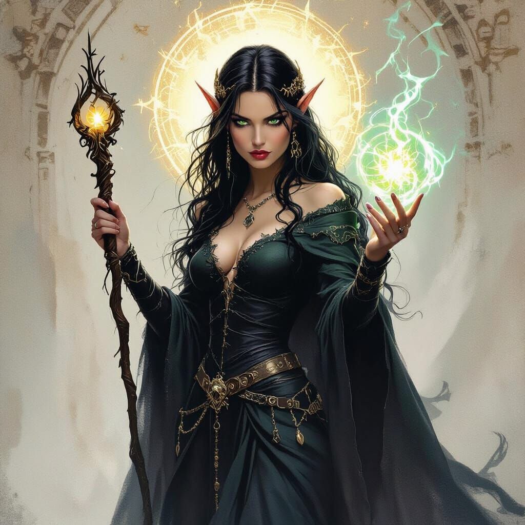 Enchantress Casting Spell in Dark Fantasy Style
