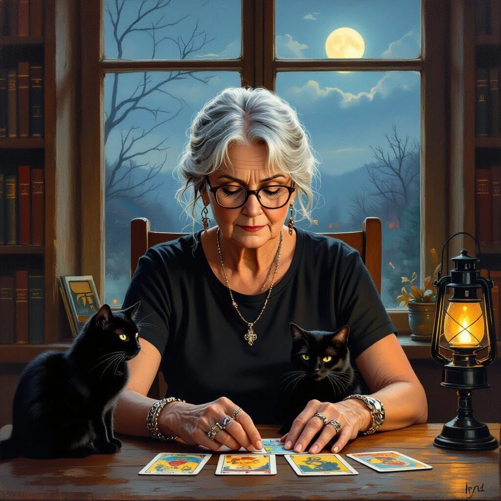 Slovak Woman Reading Tarot Cards in Rockwell Style