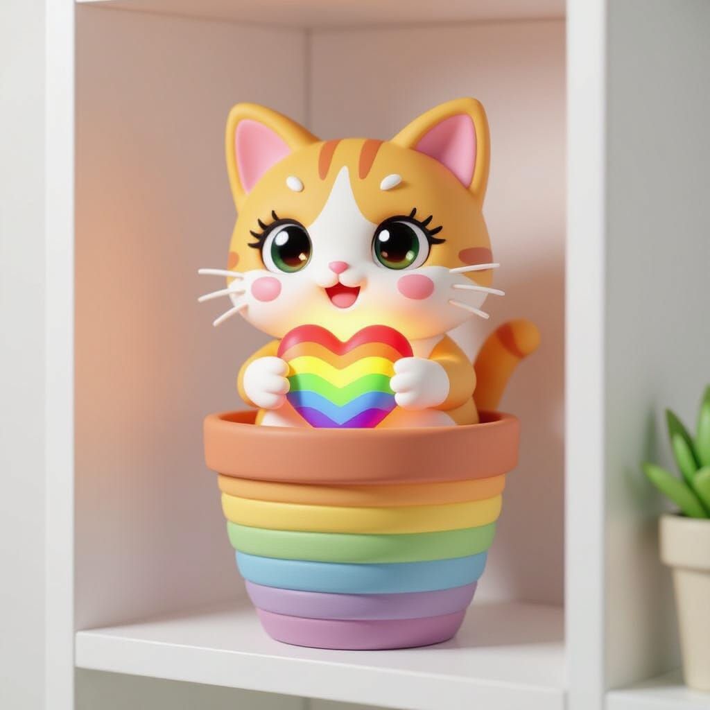 Cute Anime Clay Kitty in Rainbow Pot