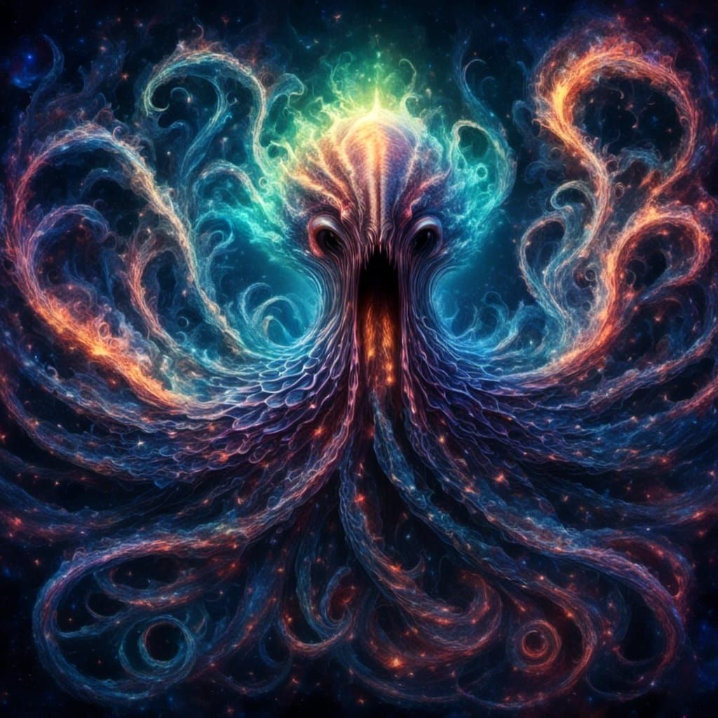 Mythical Kraken with Metal Wings in Aurora Sky