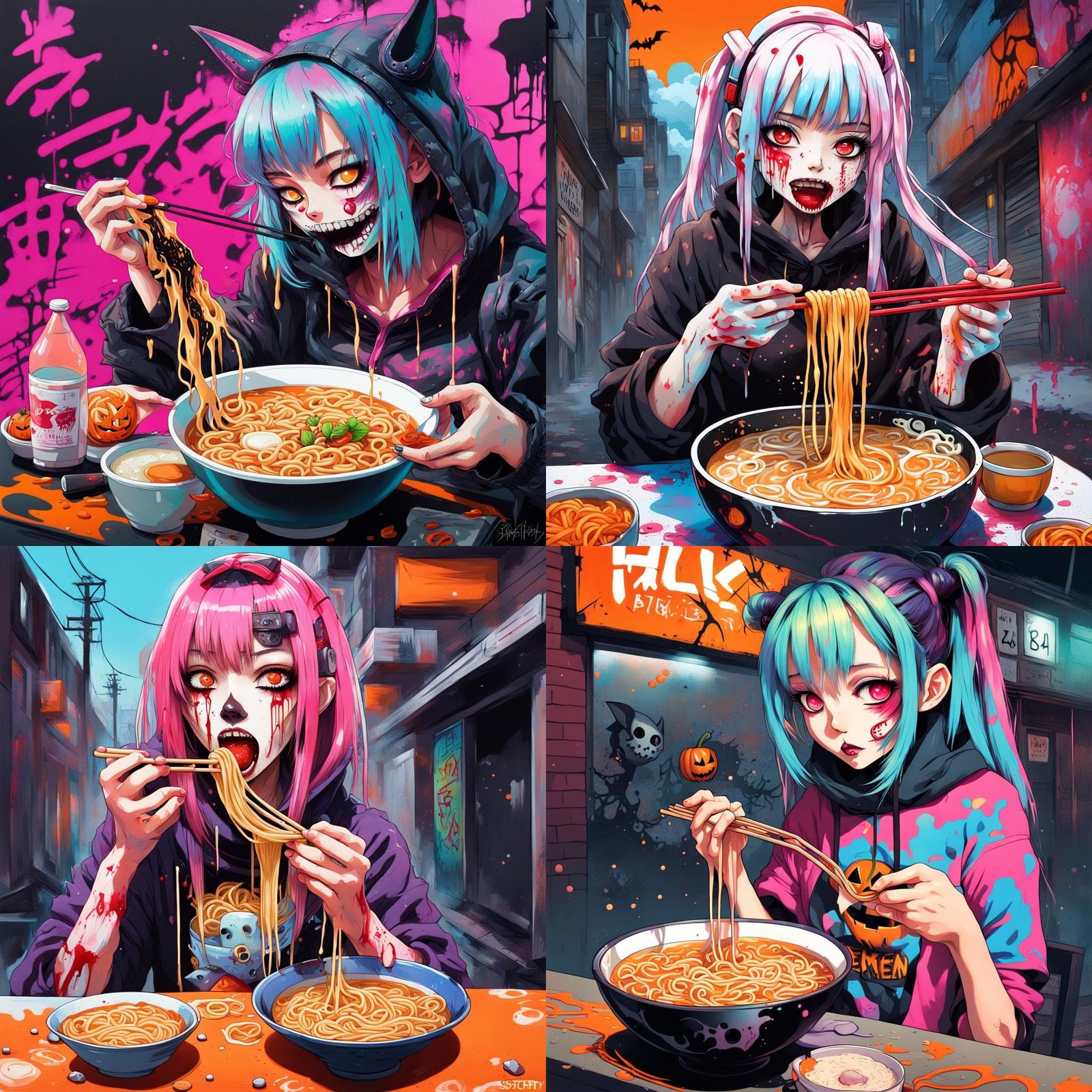 Halloween Anime Girl Enjoying Ramen, Graffiti Art