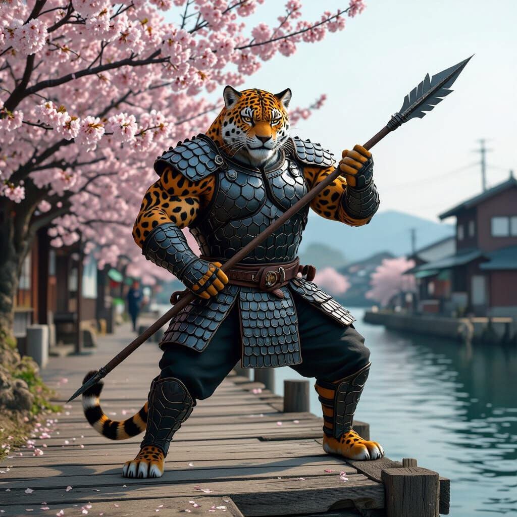 Brawny Jaguar Warrior with Javelin on Japanese Jetty