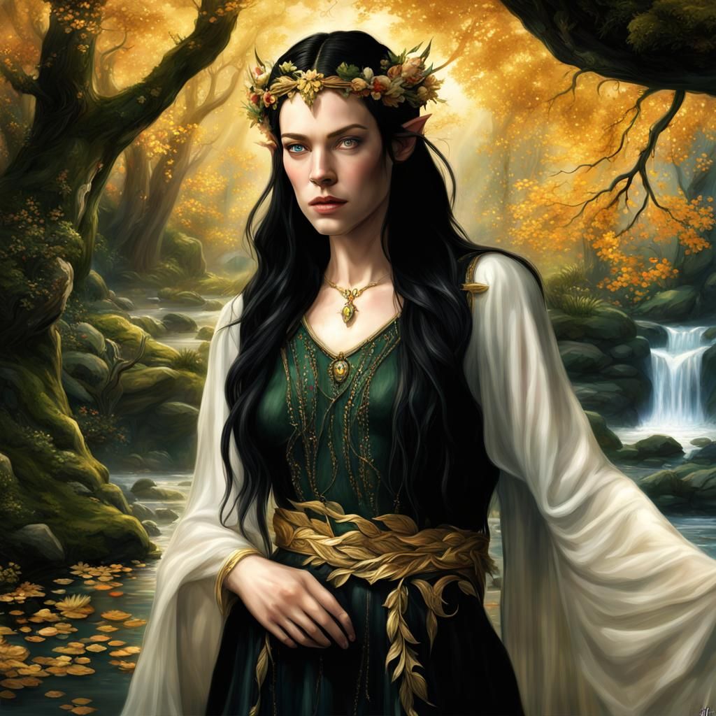 Elven Maiden with Black Hair in Realistic Style