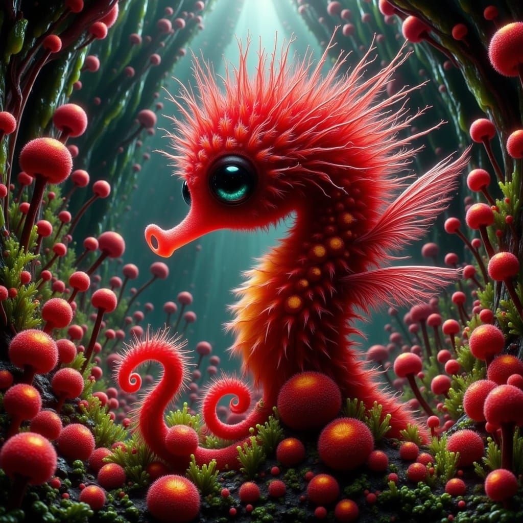 Seahorse Flying in Red Water