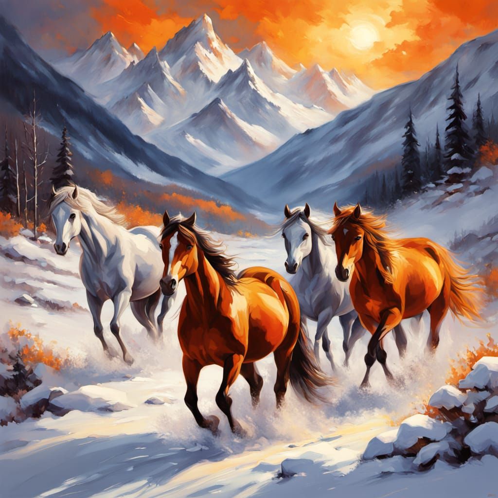 Horses Galloping in Fiery Snowy Peaks