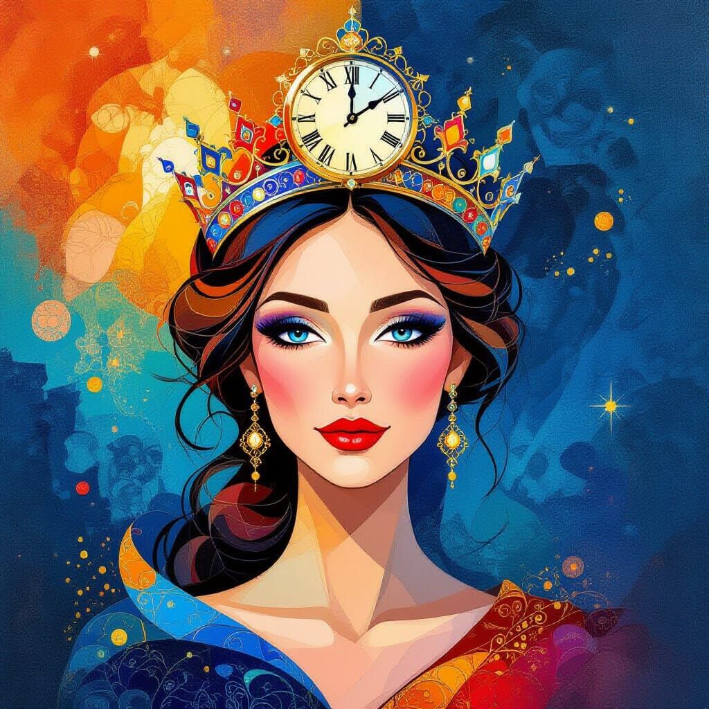 Regal Woman Embodies Time Management in Abstract Art