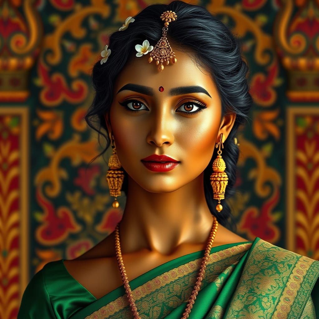 Stunning Indian Beauty in Emerald Sari